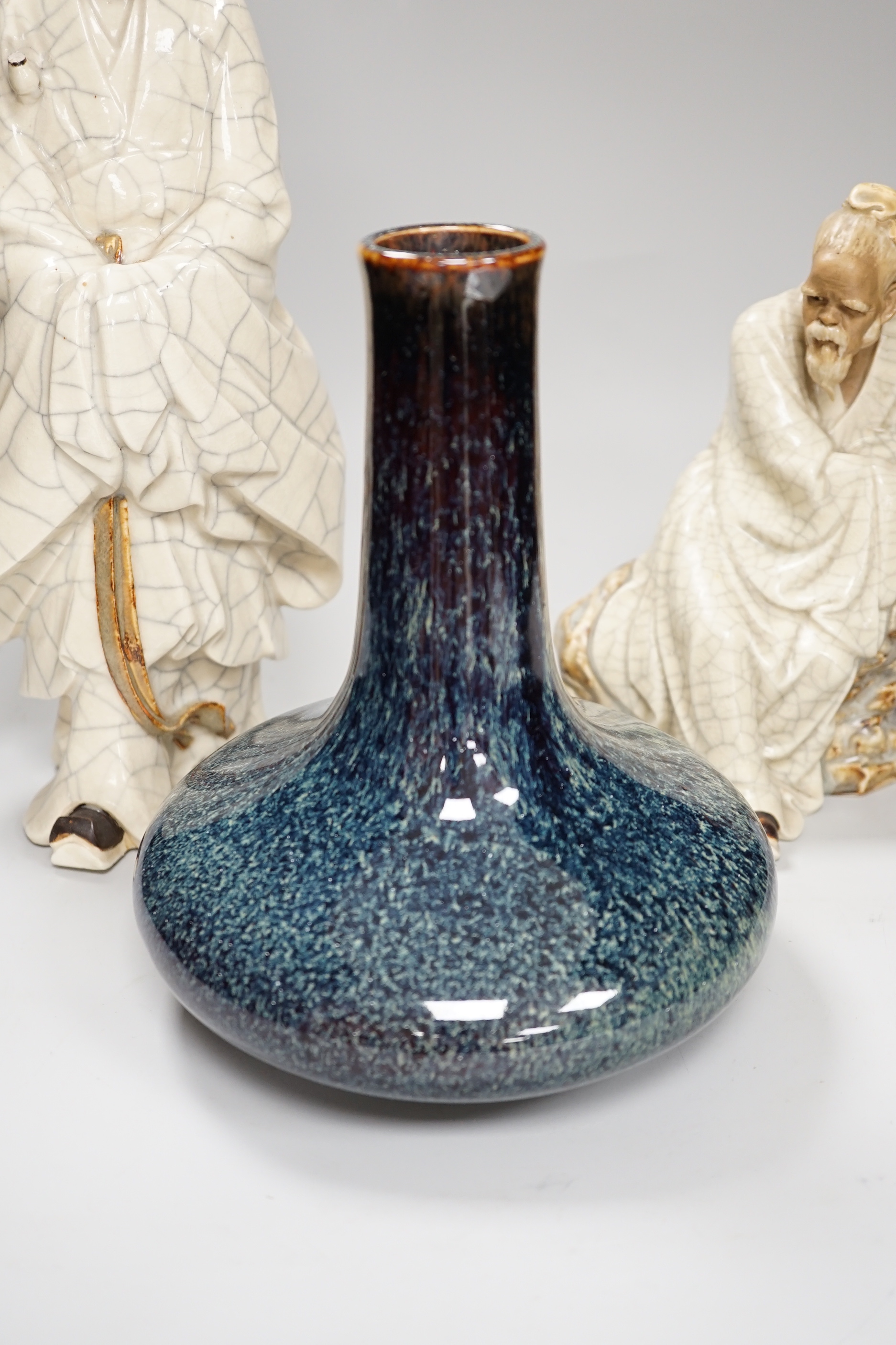 Two large Chinese Shiwan pottery figures and a vase, tallest 35cm